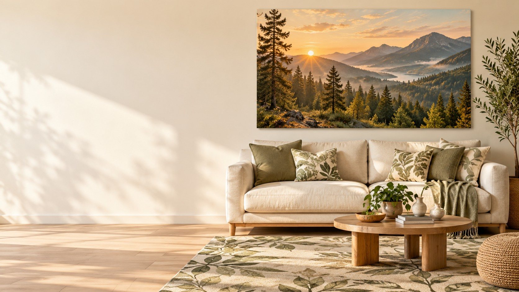 Salon décoré avec un grand tableau nature forêt et montagne, coussins et tapis assortis