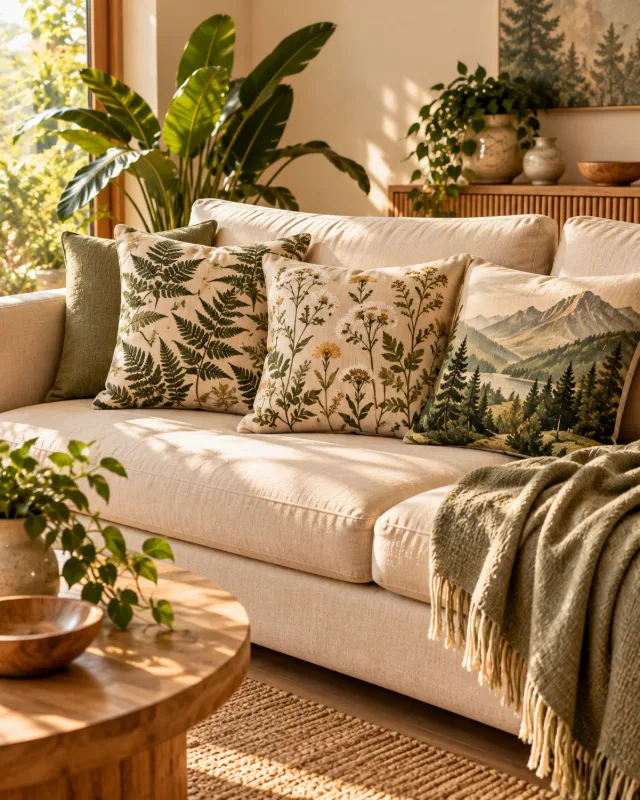 Coussins à motifs nature sur un canapé