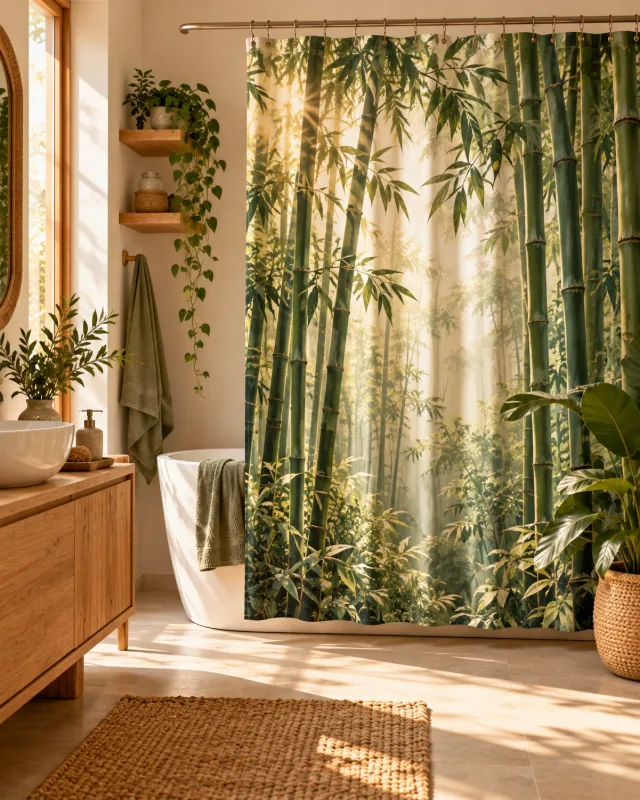 Rideau de douche motif bambou dans une salle de bain