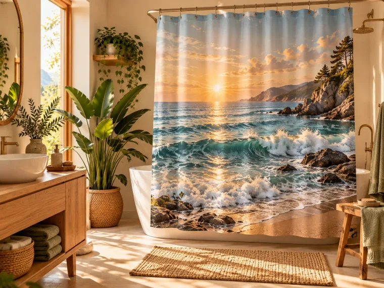 Salle de bain avec rideau de douche paysage marin