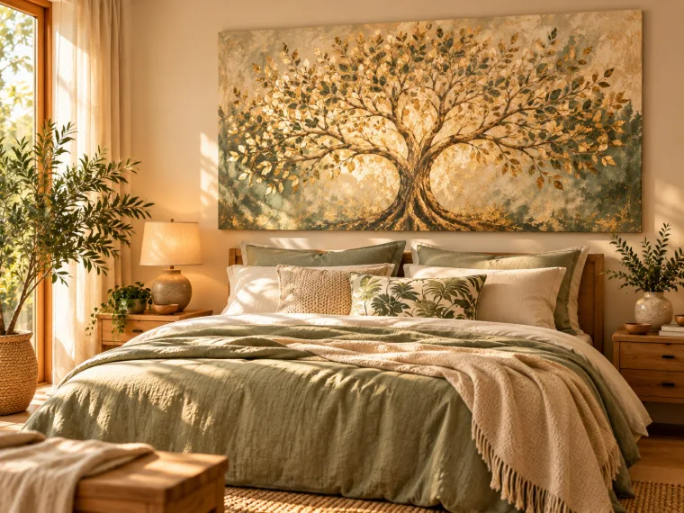 Chambre avec tableau arbre de vie doré au-dessus du lit