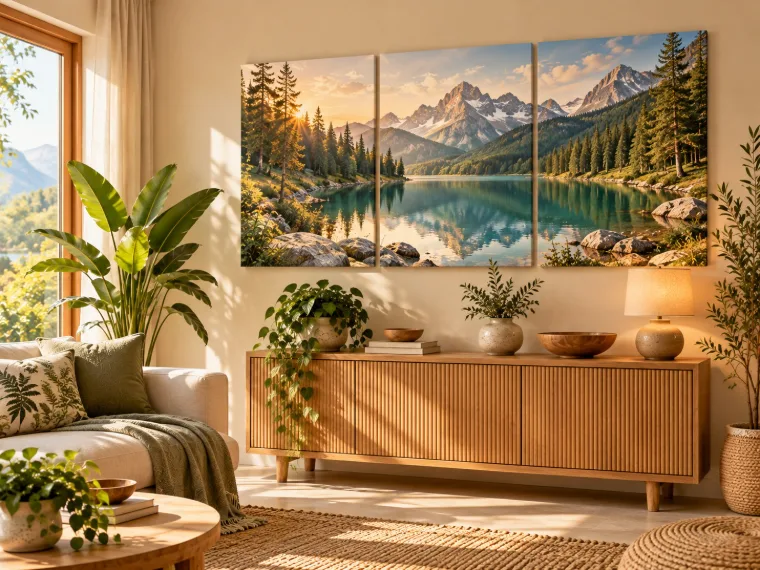Salon avec tableau triptyque lac de montagne