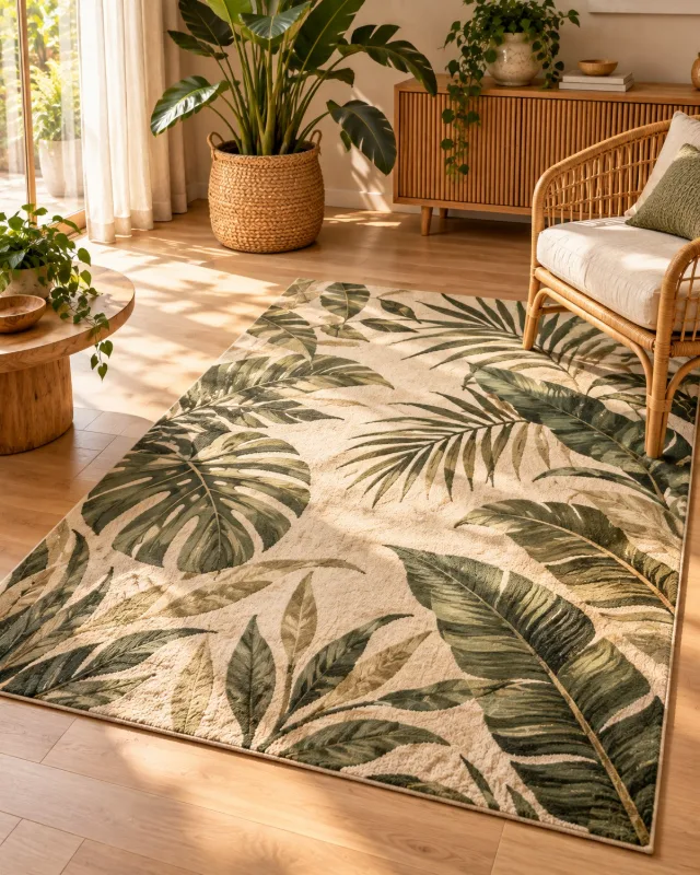 Tapis à motifs feuillage dans un salon lumineux