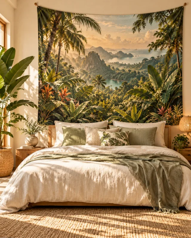 Tenture murale jungle au-dessus d'un lit